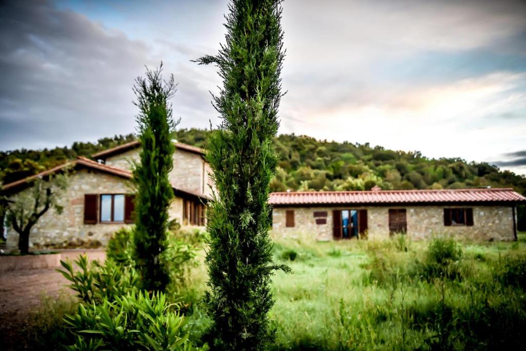 ein Steinhaus mit zwei Bäumen davor in der Unterkunft Casa Campione in Roccastrada