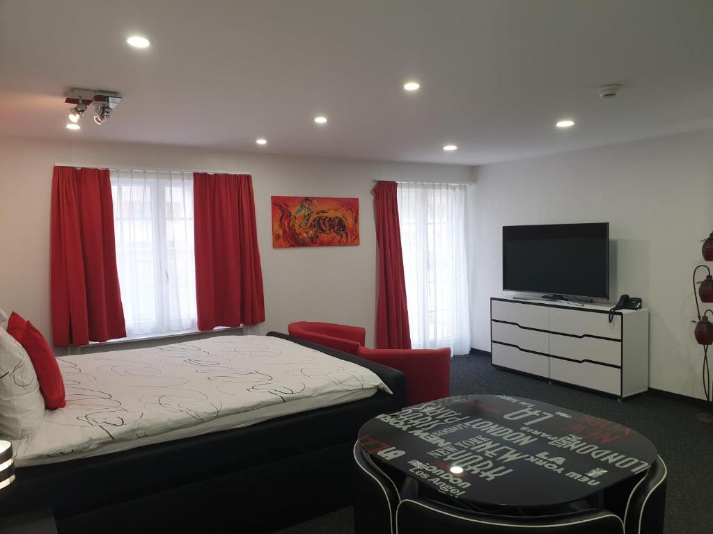 TV a/nebo společenská místnost v ubytování Hôtel du Chasseur