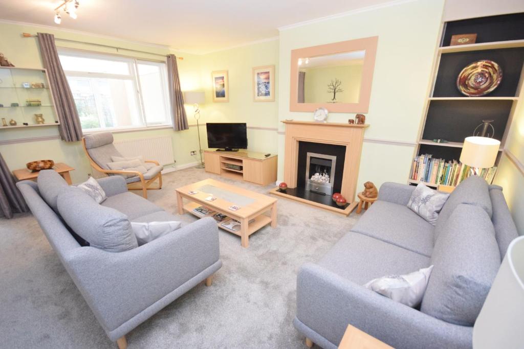 a living room with two couches and a fireplace at Orchard Mews , Barnham in Barnham