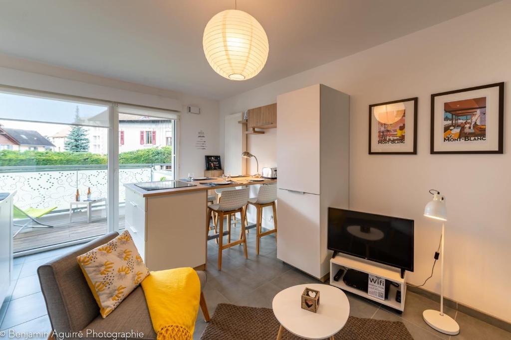 un salon avec un canapé et une télévision et une cuisine dans l'établissement Villa Aniciaca - Recent apartment with private and secure parking, à Annecy