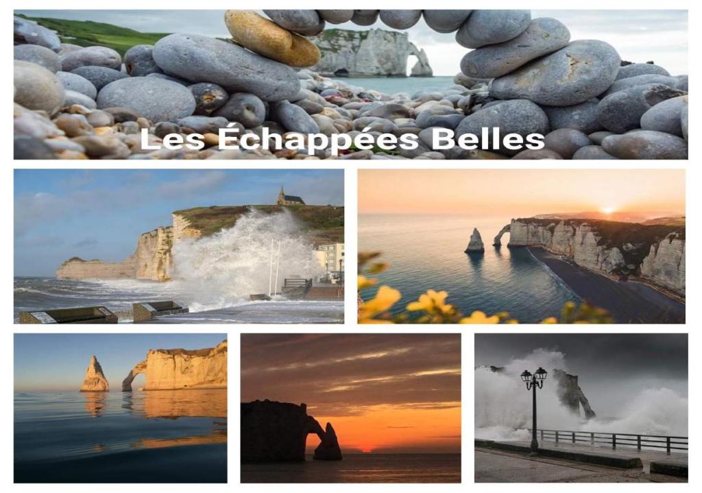 un collage d'images de différents sites et bâtiments dans l'établissement Les Echapées belles, à Étretat