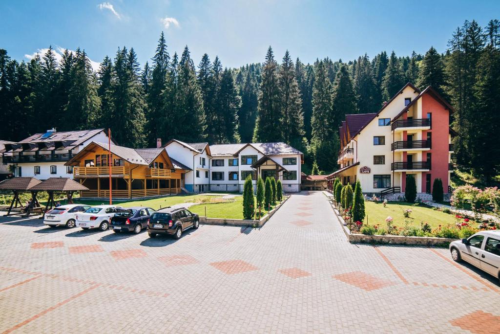 a group of houses and cars parked in a parking lot at Pensiunea Sami in Gura Humorului