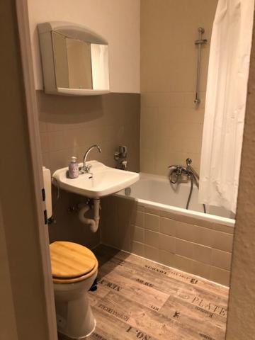 a bathroom with a toilet and a sink and a tub at Monteur Design Apartment in Rodenbach