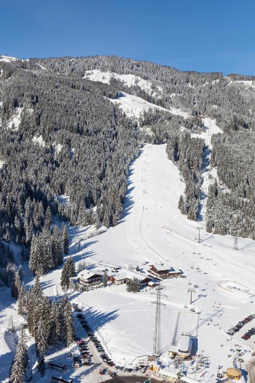 an aerial view of a ski resort in the snow at Walchauhof in Flachau