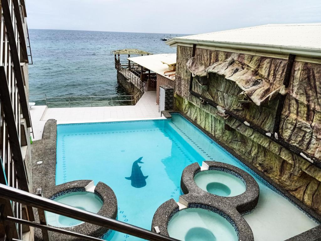 a swimming pool with a dolphin in the water at GingGing Hotel And Resort in Oslob
