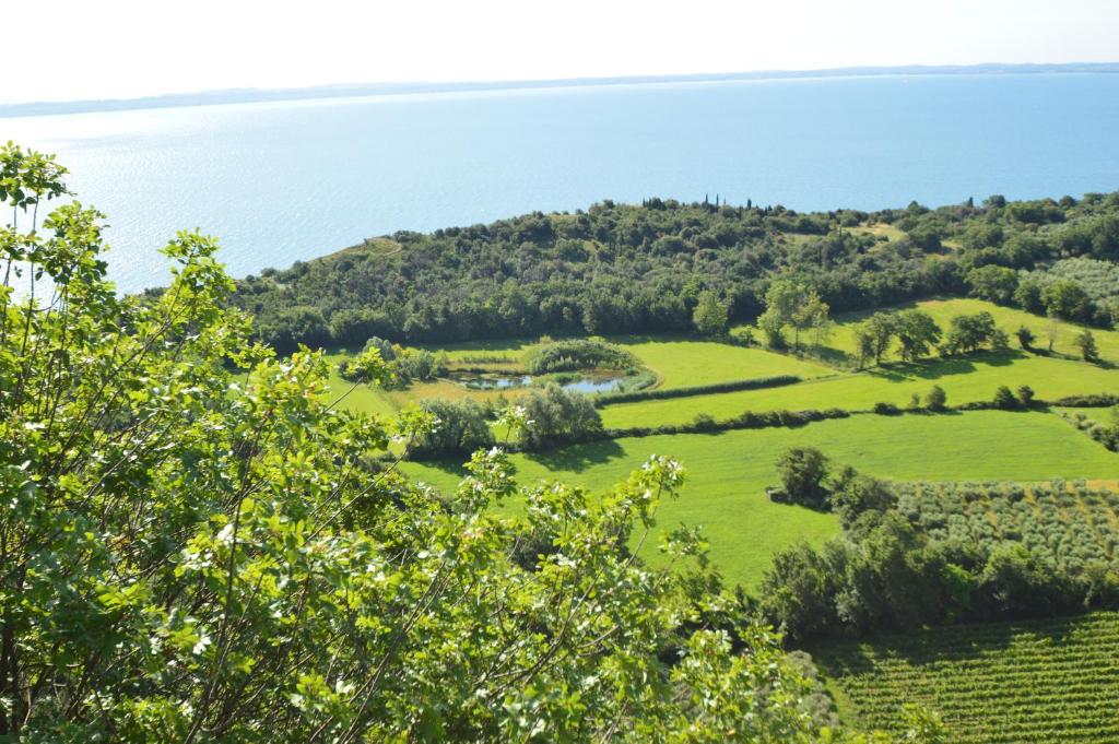 an aerial view of a green field and the ocean at Agriturismo La Filanda in Manerba del Garda