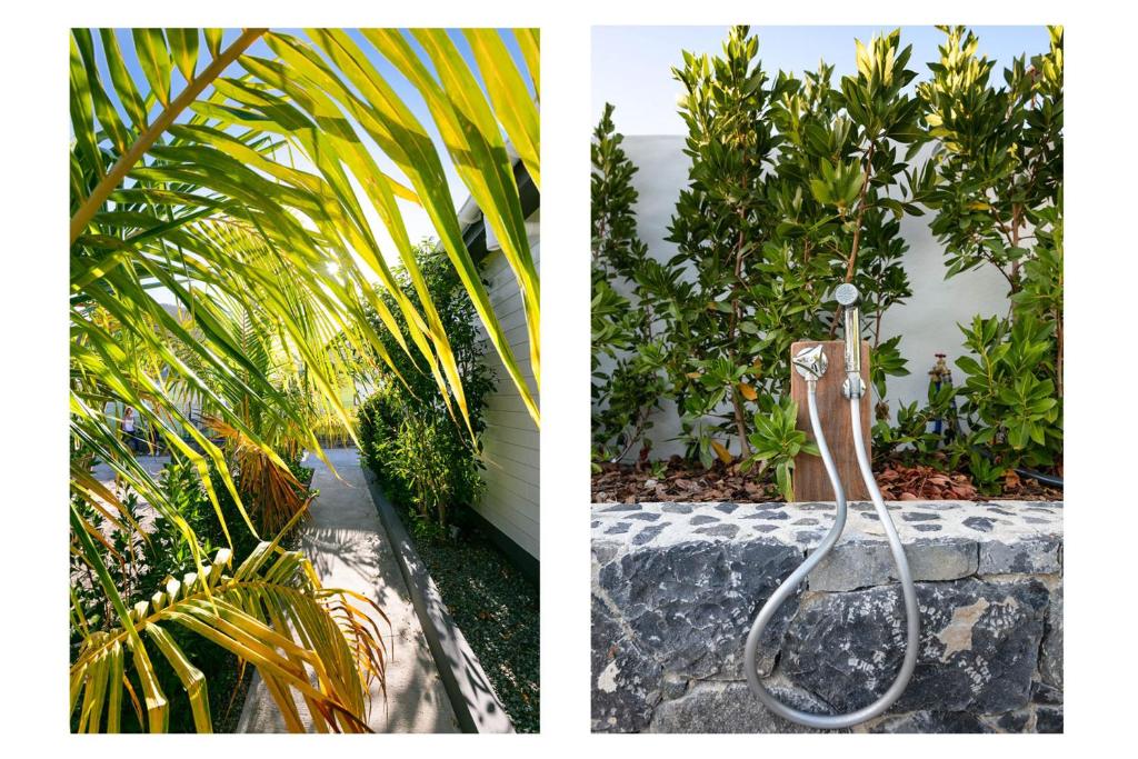 two pictures of a garden with a shower in a plant at Dream Villa Lorient 604 in Saint Barthelemy