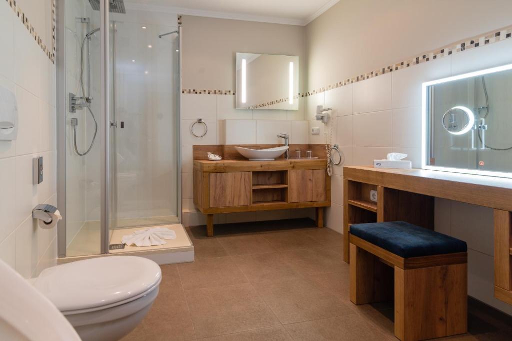 a bathroom with a toilet and a sink and a shower at Hotel & Gasthof Richard Held in Regensburg