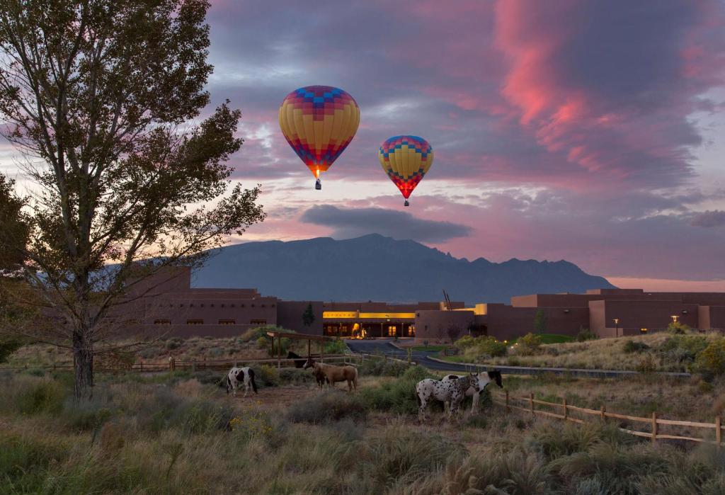 Santa Ana Pueblo的住宿－Hyatt Regency Tamaya South Santa Fe，两个热气球在天空中飞过一片田野
