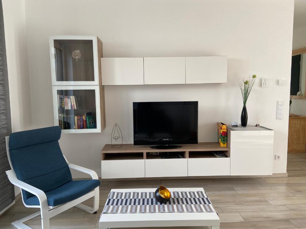 a living room with a tv and a blue chair at Ferienwohnung Weinbergblick in Mehring