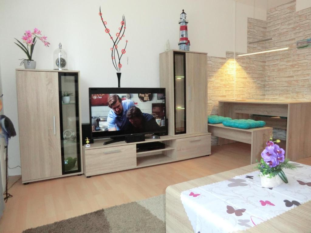sala de estar con TV de pantalla plana en Ferienwohnung Randowtal-Schmölln, en Schmölln