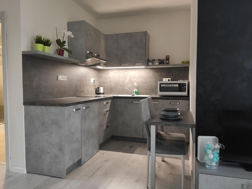 eine Küche mit einem Waschbecken und einem Tisch in einem Zimmer in der Unterkunft Apartman Kuzmanyho Žilina centrum in Žilina
