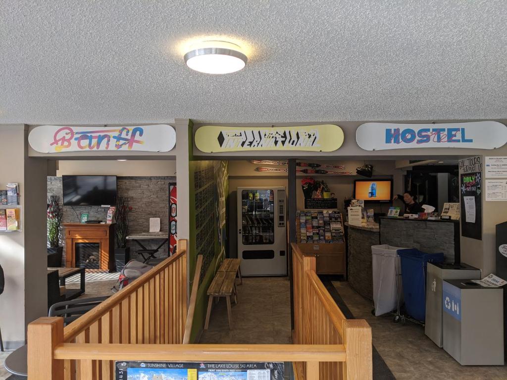 a restaurant with a hospital sign on the wall at Banff International Hostel in Banff