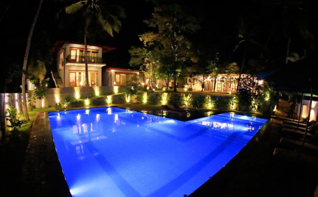 a large swimming pool with blue lighting in front of a house at Green Residencies in Galle