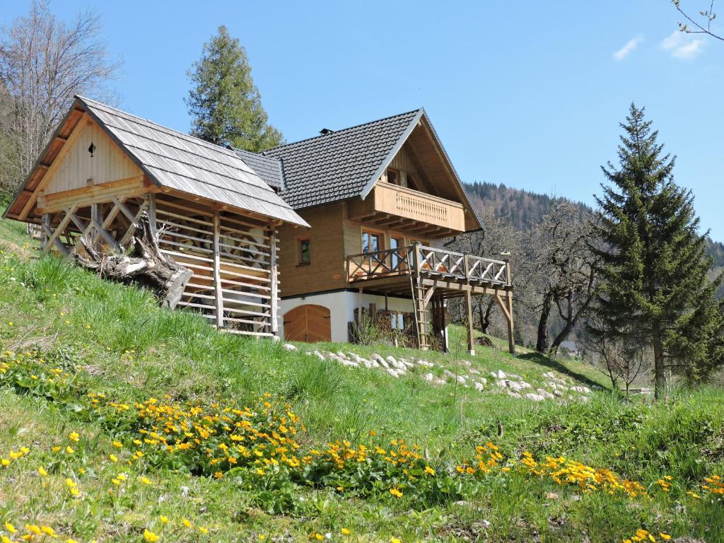uma cabana de madeira numa colina com um campo de flores em Podjelje em Podjelje