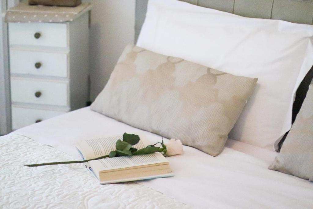 a book and a plant on a bed at Villa Aurora B&B in Bari