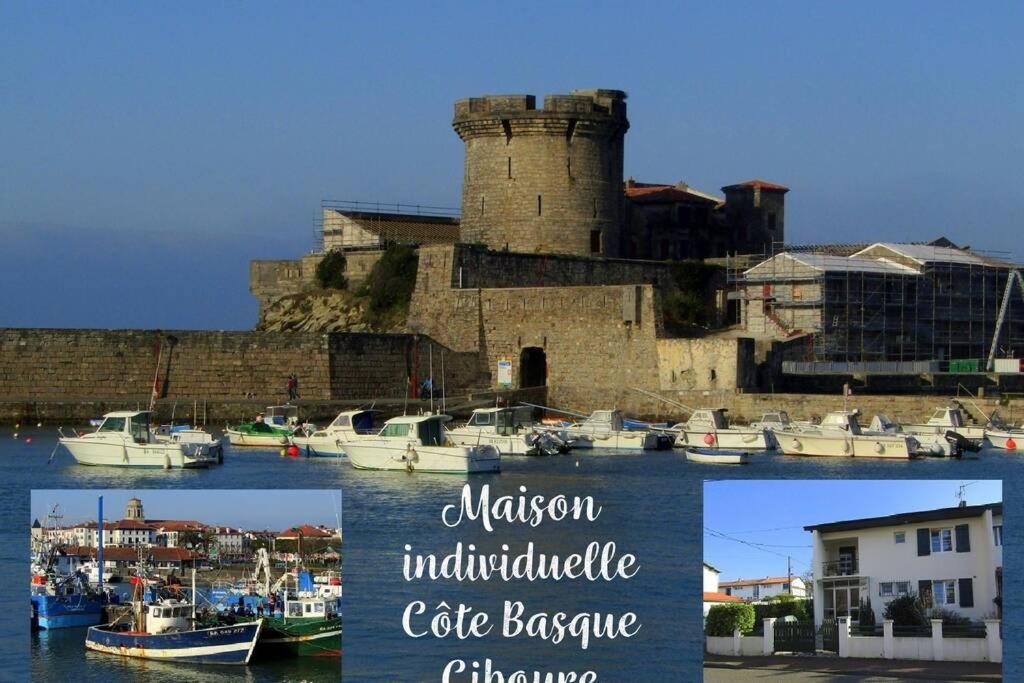 uma colagem de fotos de um castelo com barcos na água em Maison individuelle Côte Basque ( Ciboure ) em Ciboure