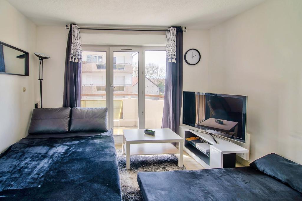 a living room with a couch and a tv at STUDIO DESIGN NEAR GENEVA in Étrembières