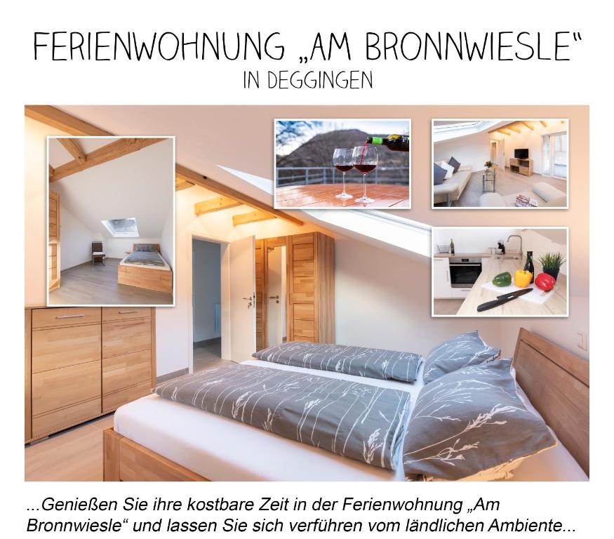 un collage de fotos de un dormitorio con cama en Ferienwohnung *Am Bronnwiesle*, en Deggingen