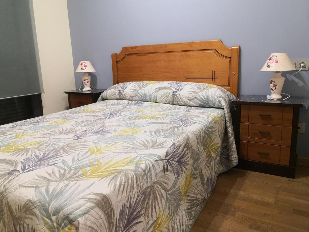 1 dormitorio con 1 cama y 2 mesitas de noche con lámparas en Apartamentos Chevere Azul, en Oviedo