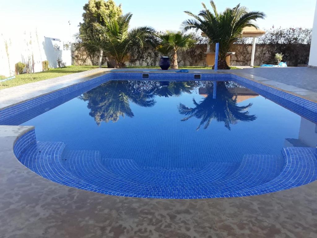 a swimming pool with blue water and palm trees at Villa CLIMATISEE avec piscine privée, ras el ma in Tazagouin