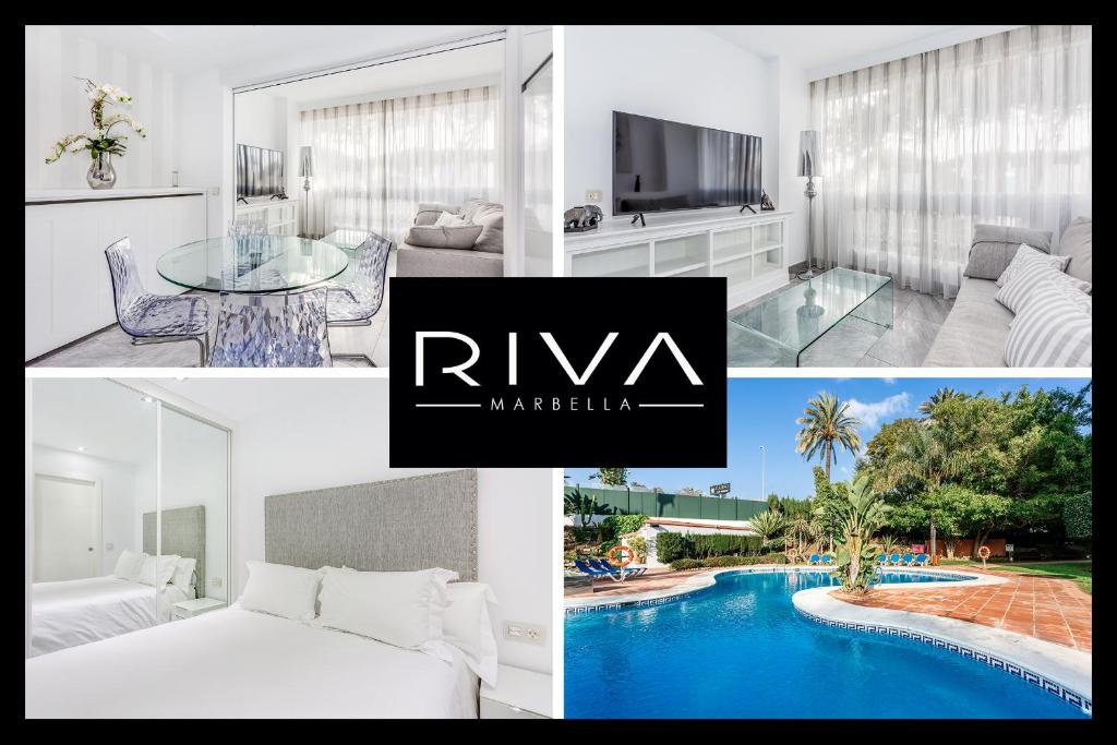 un collage de fotos de una habitación de hotel con piscina en by RIVA - Fantastic 1Bed Apt in Medina Garden of Puerto Banus, en Marbella