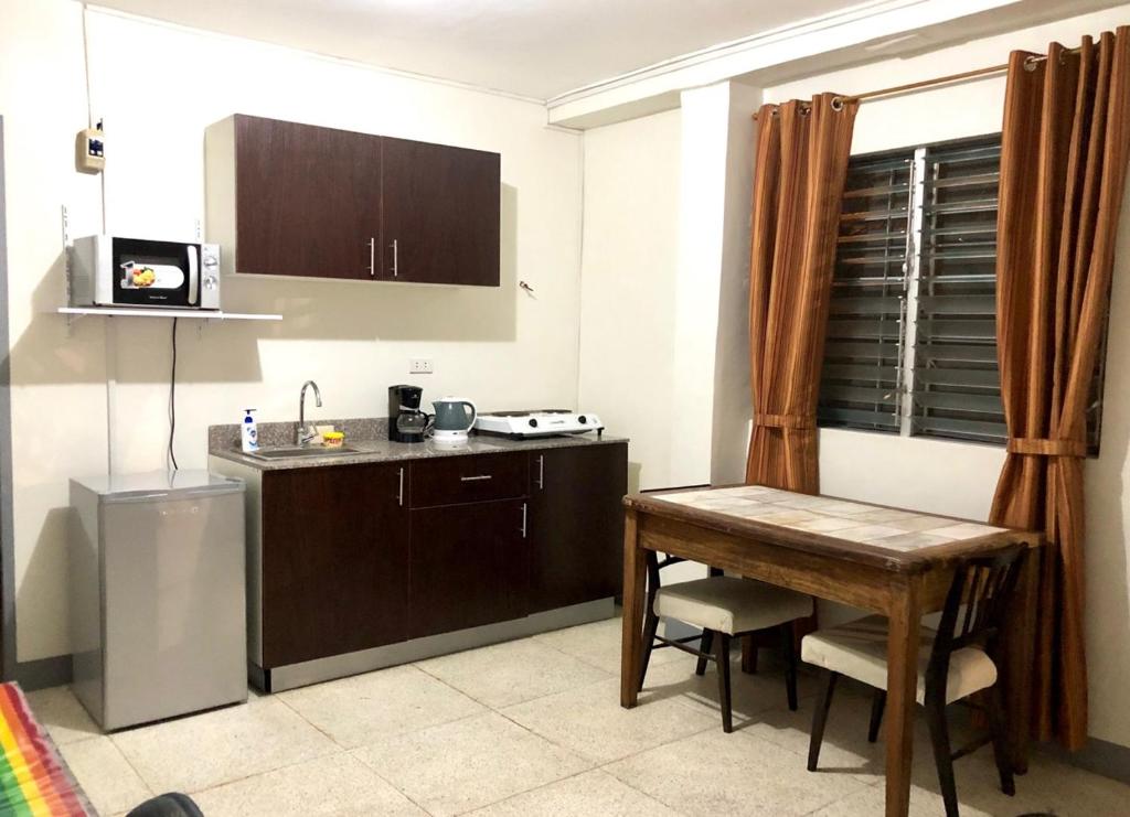 een kleine keuken met een tafel en een wastafel bij 500Mbps Wi-Fi 2-Story Apartments in Cebu City