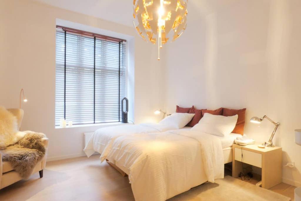哥本哈根的住宿－Exquisite apartment, most convenient location, Apt 5.，一间卧室设有两张床、一个窗户和一个吊灯。
