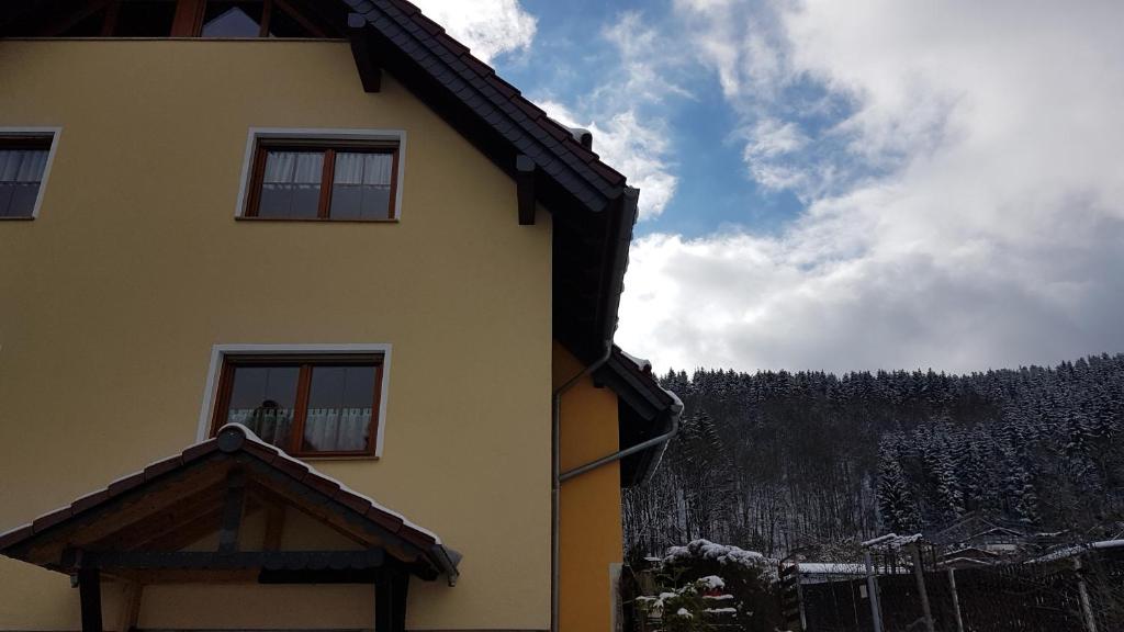 een geel gebouw met ramen aan de zijkant bij kleine Ferienwohnung Schortestraße in Ilmenau