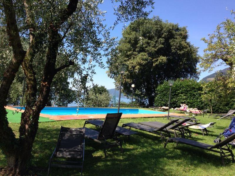 a group of lawn chairs sitting next to a swimming pool at Castello Oldofredi in Monte Isola