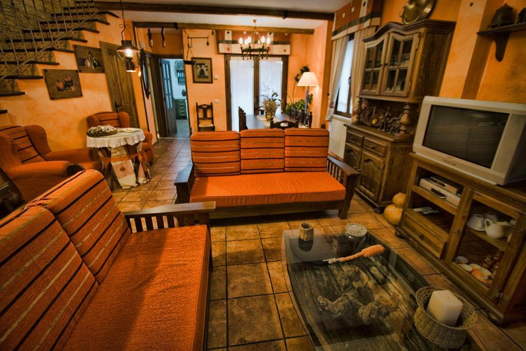 Casa Rural el Herrero de Pollos في Pollos: غرفة معيشة مع أريكة وتلفزيون