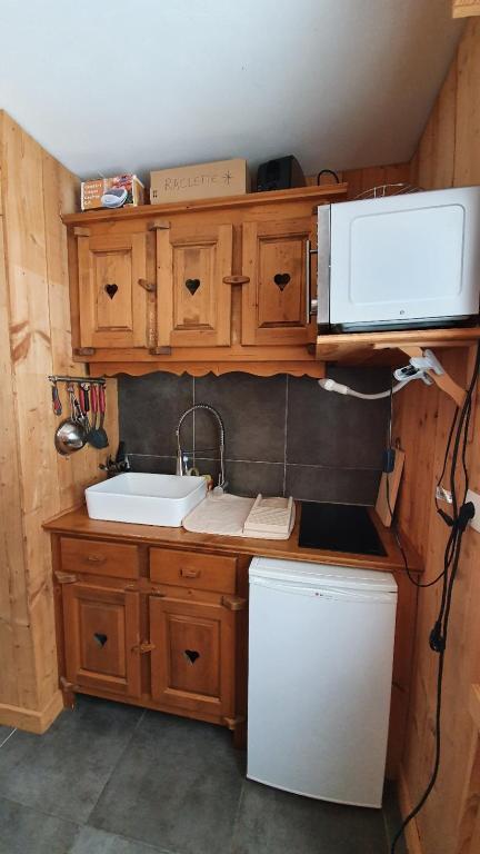 uma cozinha com um lavatório e um micro-ondas em Logicoeur em Gérardmer