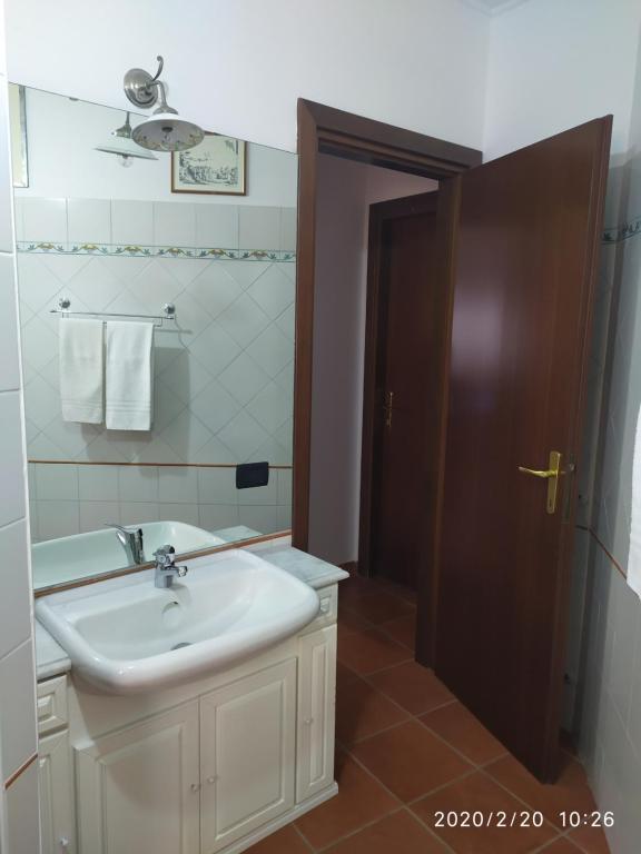 un bagno con lavandino bianco e porta marrone di L'Albicocco a Ladispoli