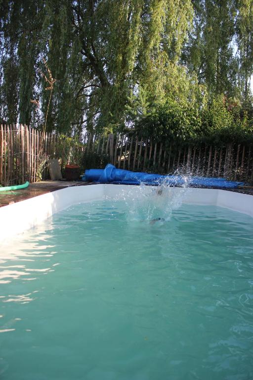 une personne saute dans un bassin d'eau dans l'établissement gîte de la core, à Clézentaine