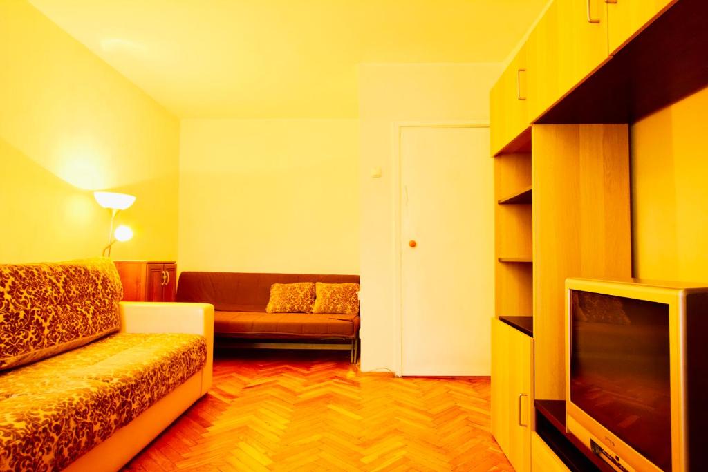 モスクワにあるKvartiraSvobodna - Apartments Rublevskoe shosse 5のリビングルーム(ソファ、テレビ付)