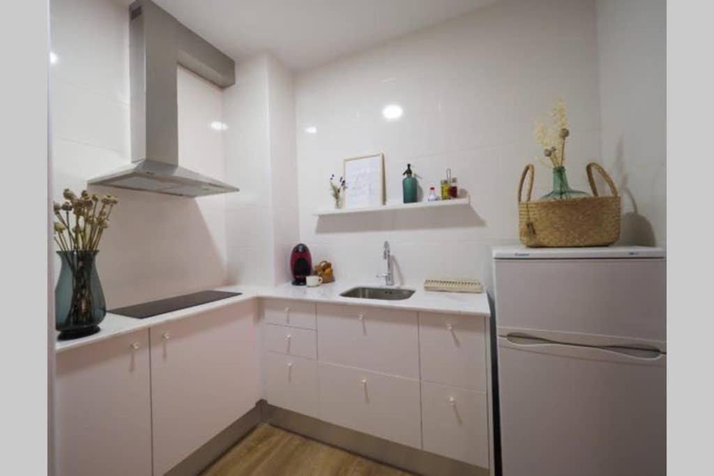 La cuisine blanche est équipée d'un évier et d'un réfrigérateur. dans l'établissement Apartaments Sa Calm Sant Miquel de les Formigues, à Sant Hilari Sacalm