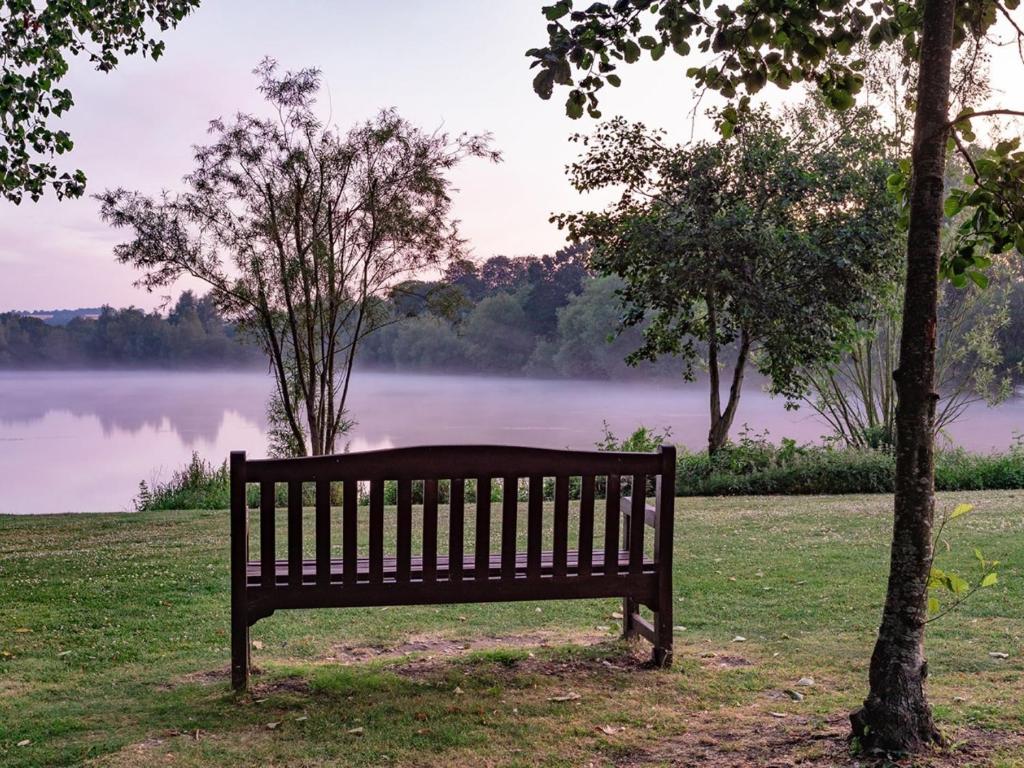 un banco del parque sentado junto a un árbol junto a un lago en Crowne Plaza Marlow, an IHG Hotel en Marlow