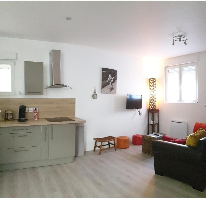 een keuken en een woonkamer met een bank bij Appartement hyper-centre Epernay avec sauna et parking privé in Épernay