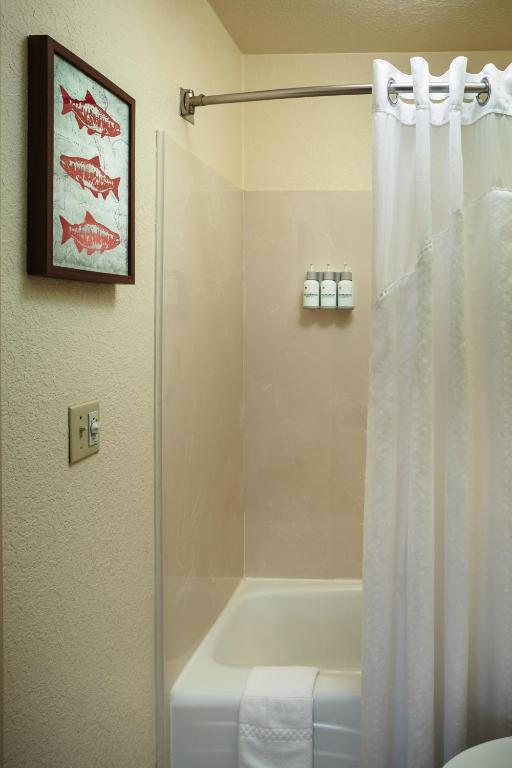 a bathroom with a shower curtain and a bath tub at The Redwood Riverwalk, a boutique hotel in Fortuna