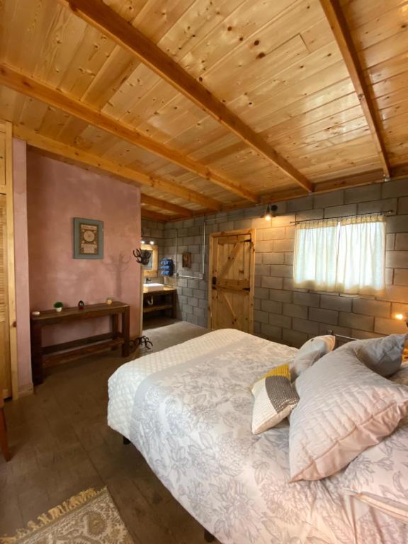 um quarto com uma cama grande e um tecto de madeira em Cabaña San Tony em Valle de Guadalupe