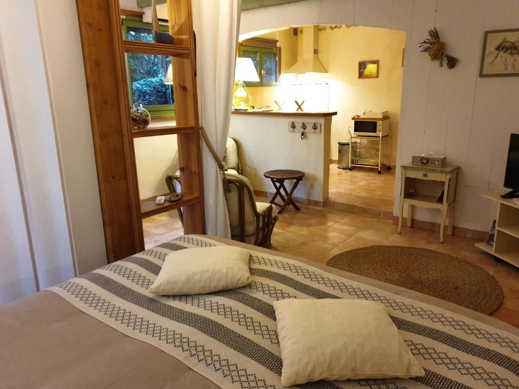 een slaapkamer met een bed met 2 kussens erop bij Domaine du Lac de la vallée in La Roquette-sur-Siagne