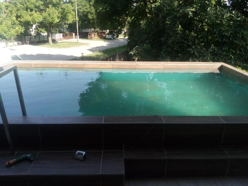 a swimming pool with green water in a yard at APARTMAN RITA in Vinkovci