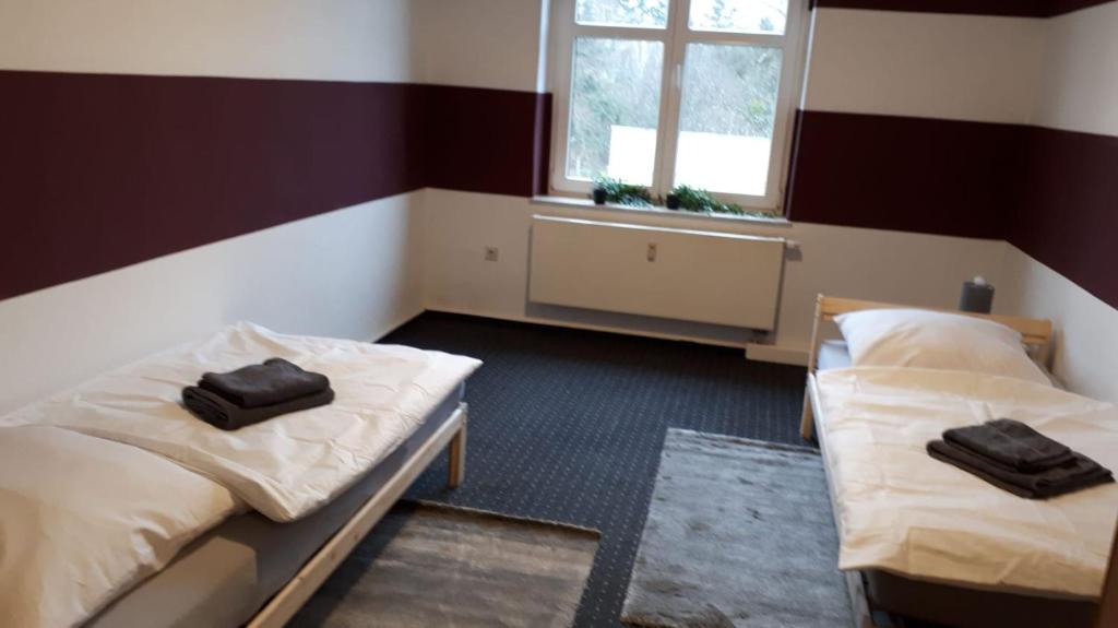 Neupetershainにあるcosy apartment in Neupetershain with Wifiのベッド2台と窓が備わる客室です。