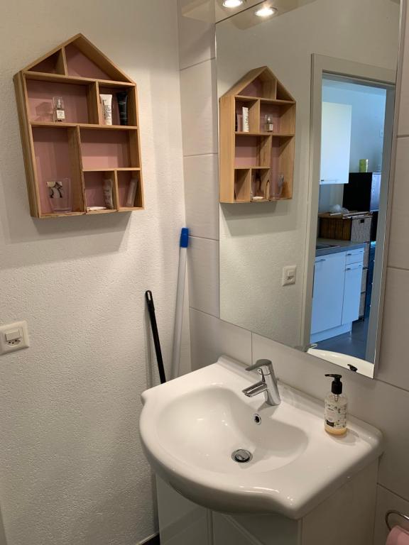un baño con lavabo y espejo en C&C Eco Studio, en La Sonnaz