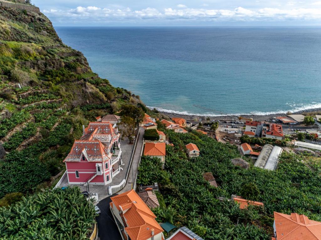 an aerial view of a town next to the ocean at 1905 Zino's Palace in Ponta do Sol