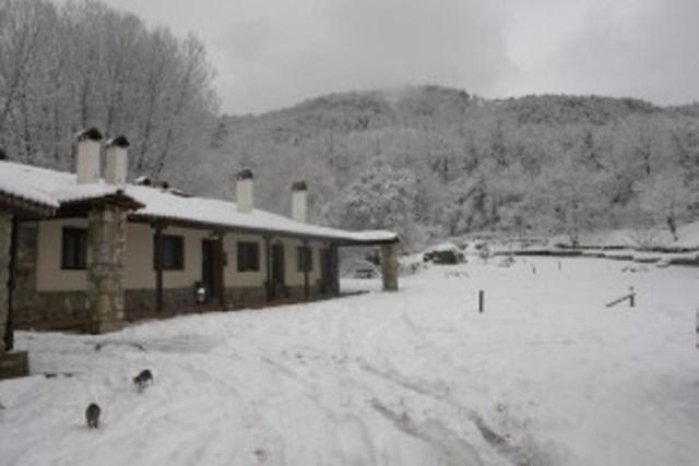 un cortile coperto da neve accanto a una casa con un edificio di Villa Rosa ad Antartiko