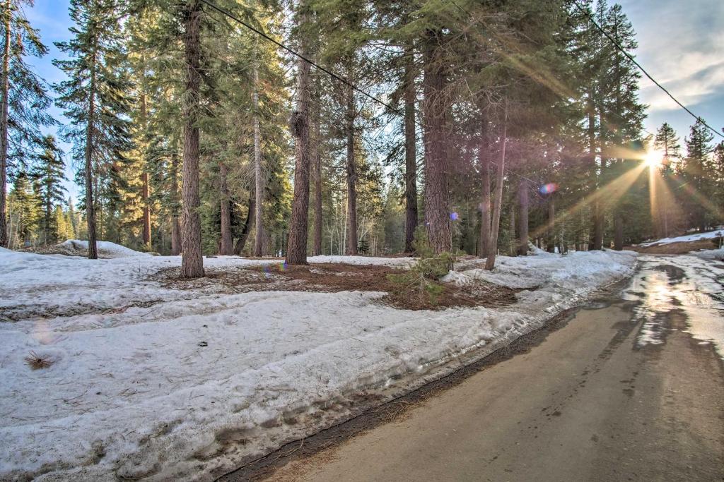 una strada nella neve con il sole che splende tra gli alberi di Mountain Tops Ponderosa Getaway Near Dome Rock! a Ponderosa