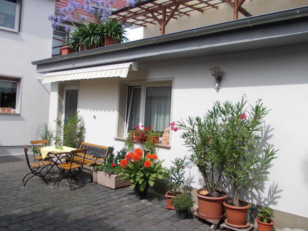 a patio with a table and chairs and potted plants at Ferienwohnung Helmis in Bad Frankenhausen