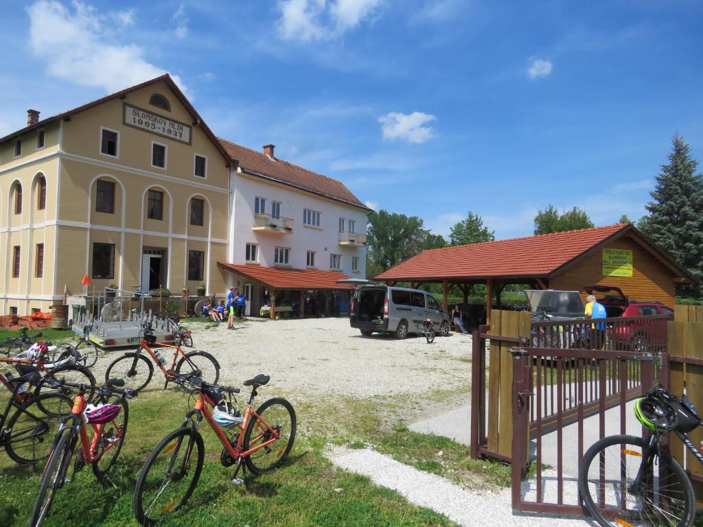 um grupo de bicicletas estacionadas em frente a um edifício em Mill House Apartment and Camping em Ljutomer