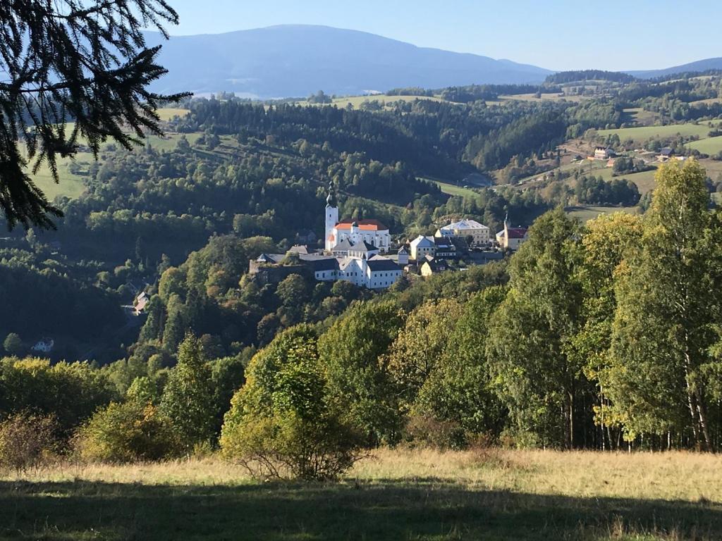 a house on top of a hill with trees at Pension Pošta in Branná